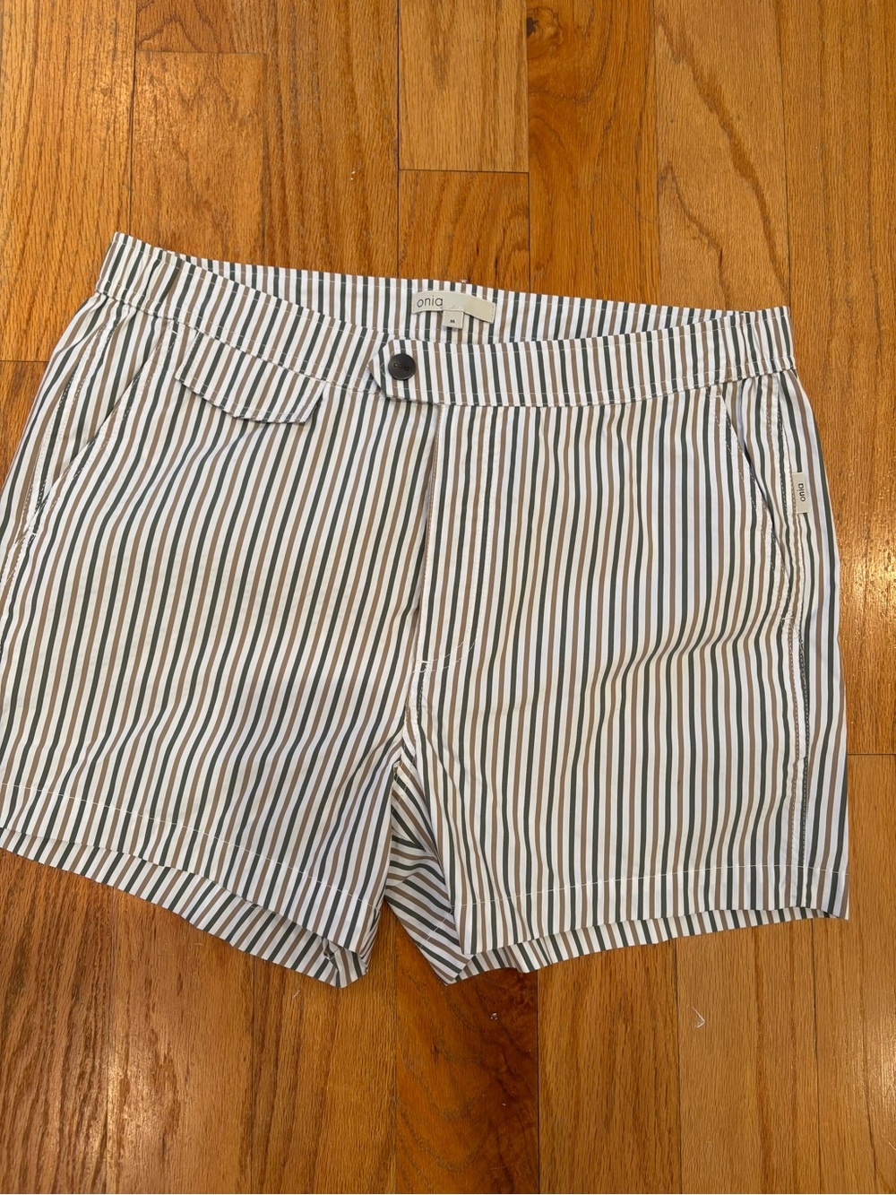 Onia White and Navy Pinstripe Cotton Shorts